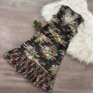 Vintage Lucky Brand Japanese Garden Grey Midi Skirt